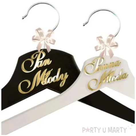 wieszaki slubne pan mlody i panna mloda zlote lustro bialy czarny 2 szt