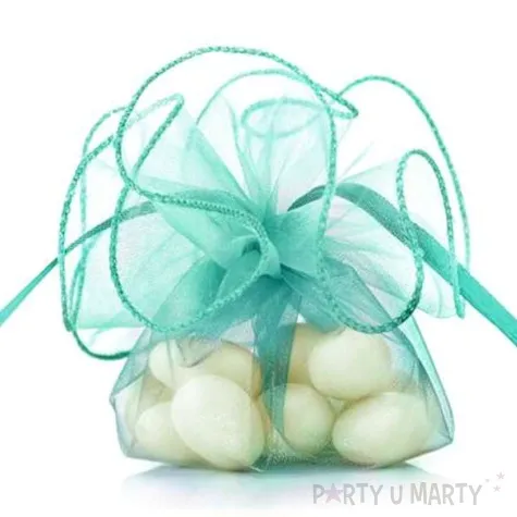 woreczki z organzy sciagane okragle turkusowe partydeco 26 cm 20 szt