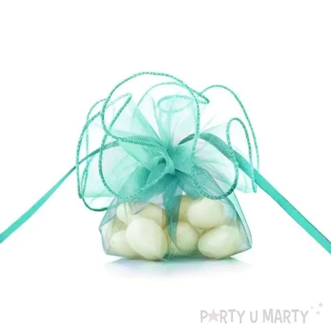 woreczki z organzy sciagane okragle turkusowe partydeco 26 cm 20 szt