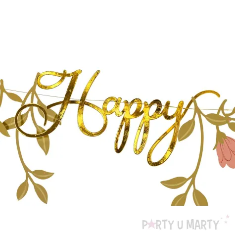 xx baner happy birthday kwiaty rozowo zloty 1 3m