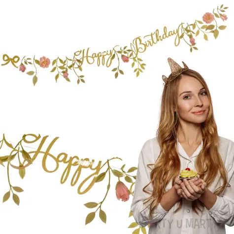 xx baner happy birthday kwiaty rozowo zloty 1 3m