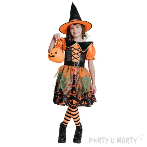 xx stdz zestaw dla dzieci dyniowa czarownica sukienka kapelusz pasek kolnierz rozm 130 140