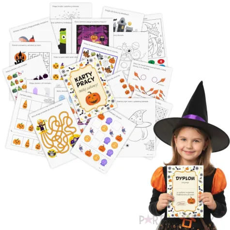 zabawa na halloween karty pacy zadania dla dzieci lamiglowki kolorowanki dyplom 20 zadan