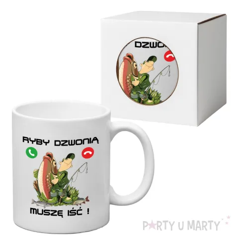 zabawny prezent na urodziny wedkarza kubek ryby dzwonia musze isc bialy upominek 330 ml