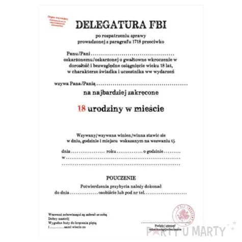 zaproszenia 18 urodziny wezwanie fbi congee 6 szt