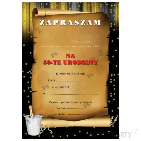 zaproszenia 50 urodziny szampan congee 6 szt