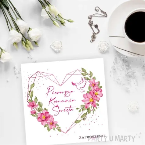 zaproszenia komunia rozowe serce 15x15 cm 8 szt