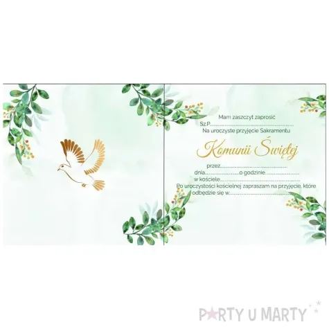 zaproszenia komunia swieta eukaliptus i golabek czakos 14x14 cm 10 szt