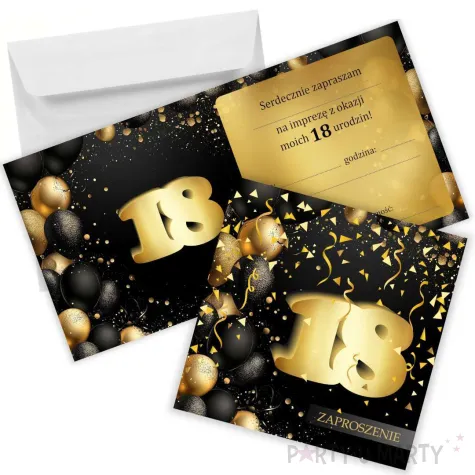 zaproszenia na 18 urodziny classic czarno zloty 15x15 cm 8 szt