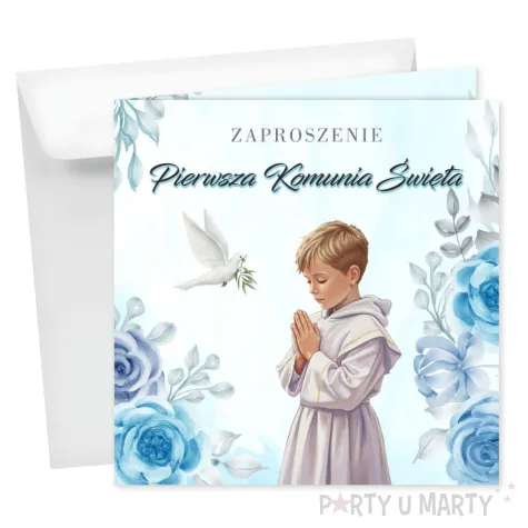 zaproszenia na komunie chlopiec w albie pierwsza komunia swieta niebieski 15x15 cm 8 szt