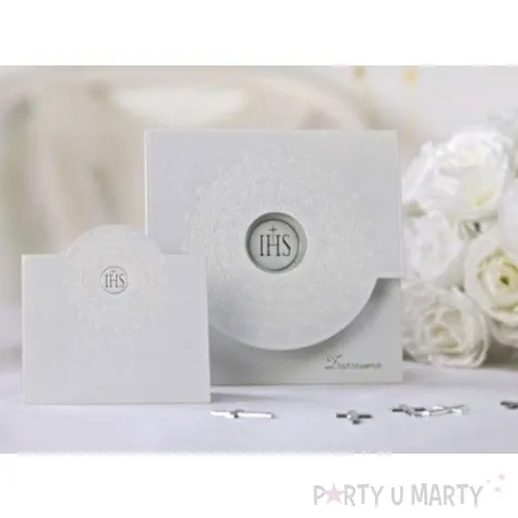 zaproszenia na komunie ihs ornamentem bialy partydeco 10 szt