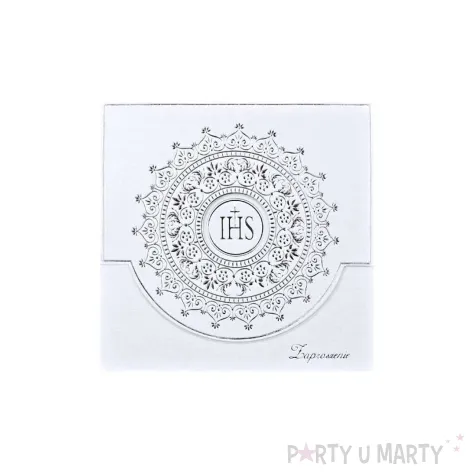 zaproszenia na komunie ihs z ornamentem srebrny partydeco 10 szt