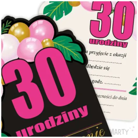 zaproszenia na urodziny liczba 30 baloniki z kopertami czarno rozowe 8 szt