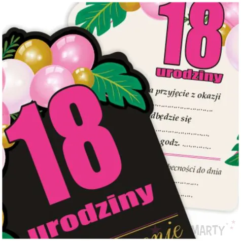 zaproszenia na urodziny osiemnastke liczba 18 baloniki z kopertami czarno rozowe 8 szt