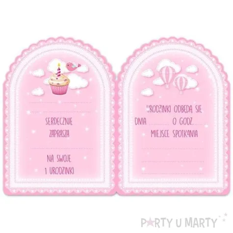 zaproszenia urodzinowe 1 urodziny babeczka rozowe 10 szt