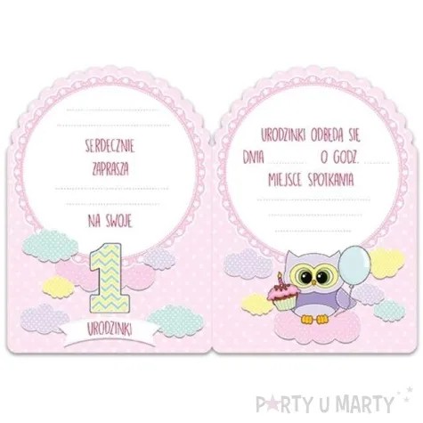 zaproszenia urodzinowe 1 urodziny sowki rozowe 14 5 x 10 3 cm 10 szt