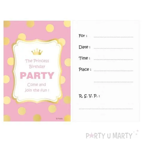 zaproszenia urodzinowe princess birthday zlote groszki godan 6 szt