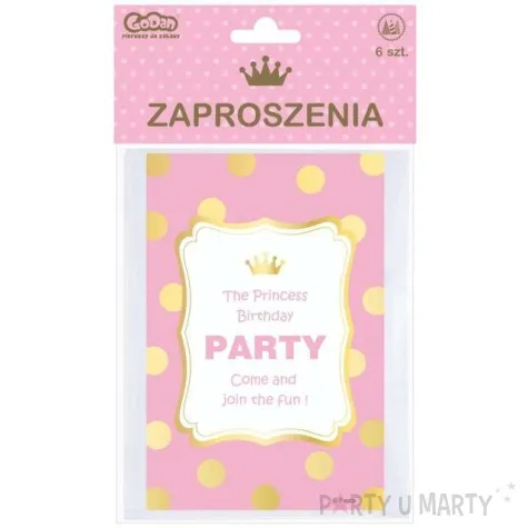 zaproszenia urodzinowe princess birthday zlote groszki godan 6 szt