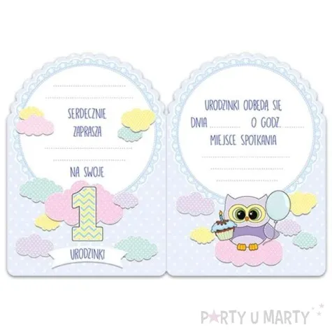 zaproszenia urodzinowe urodziny 1 sowki blekitne 10 szt