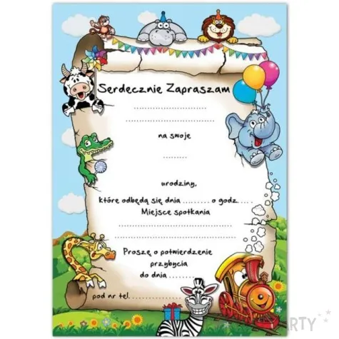 zaproszenia urodzinowe wesole zwierzaczki 10 szt