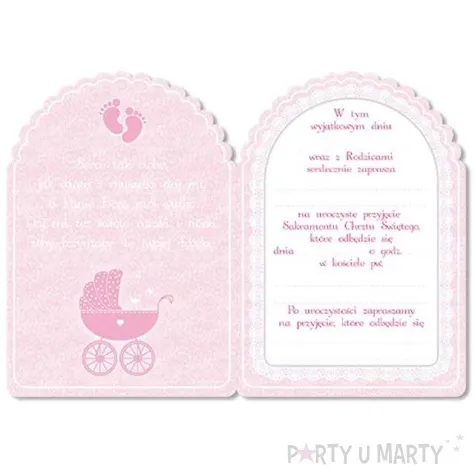 zaproszenia z koperta chrzest rozowy wozeczek 10 szt