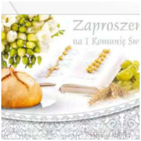 zaproszenia z koperta komunia swieta chleb i rozaniec maki 10 szt