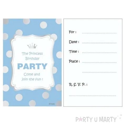 zaproszenia z koperta princess birthday blekitne 6 szt