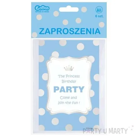 zaproszenia z koperta princess birthday blekitne 6 szt