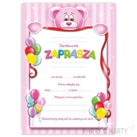 zaproszenia z koperta urodzinki misiu rozowy 1 szt