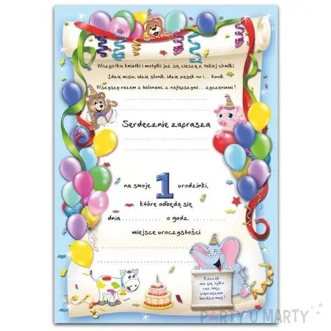 zaproszenia z koperta urodziny 1 baloniki blekitne 1 szt