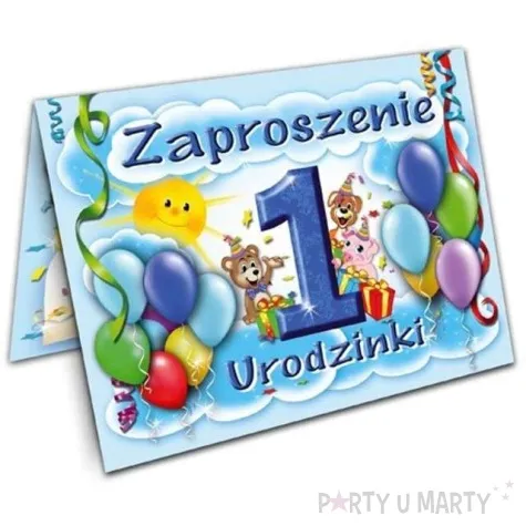 zaproszenia z koperta urodziny 1 baloniki blekitne 10 szt