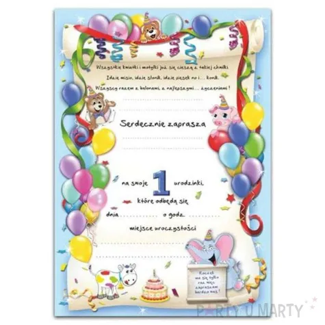 zaproszenia z koperta urodziny 1 baloniki blekitne 10 szt