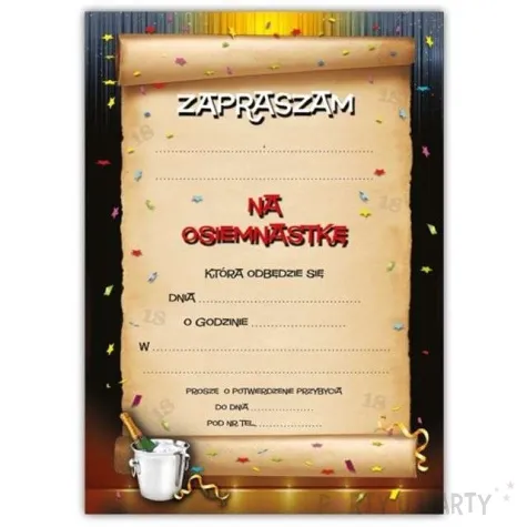 zaproszenia z koperta urodziny 18 szampan 10 szt