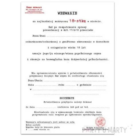 zaproszenia z koperta urodziny 18 wezwanie 10 szt