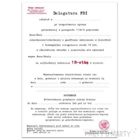 zaproszenia z koperta urodziny 18 wezwanie fbi 1 szt