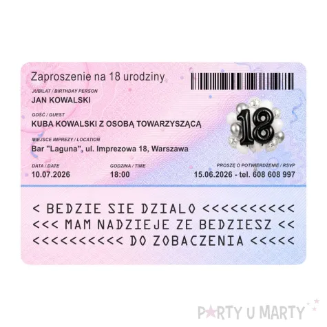 zaproszenie na 18 urodziny osiemnastke dowod osobisty personalizacja z koperta 1 szt