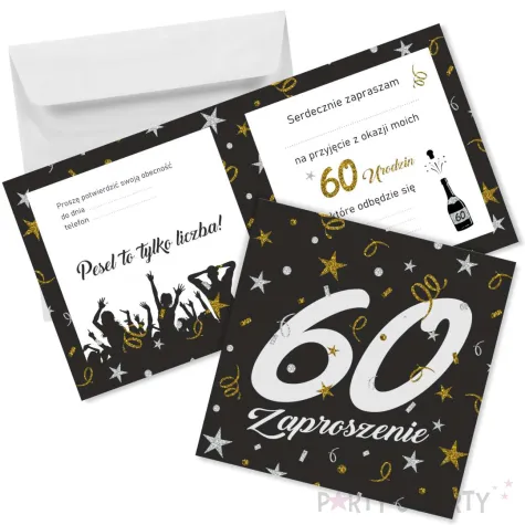 zaproszenie na 60 urodziny glamour birthday z koperta czarne eleganckie 15x15 cm 1 szt