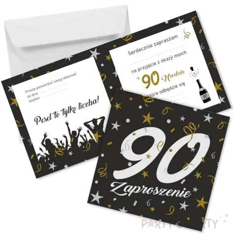zaproszenie na 90 urodziny glamour birthday z koperta czarne eleganckie 15x15 cm 1 szt