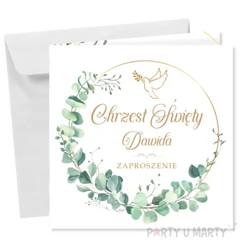 zaproszenie na chrzest swiety eukaliptus beauty personalizowane z imieniem koperta x1