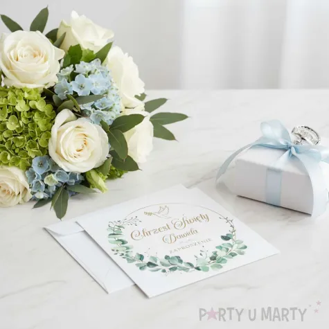 zaproszenie na chrzest swiety eukaliptus beauty personalizowane z imieniem koperta x1