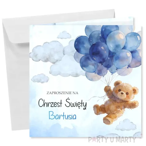 zaproszenie na chrzest swiety niebieski mis personalizowane z imieniem koperta x1