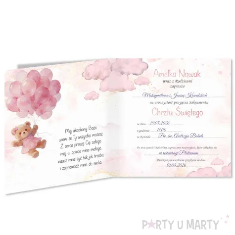 zaproszenie na chrzest swiety rozowy mis personalizowane z imieniem koperta x1