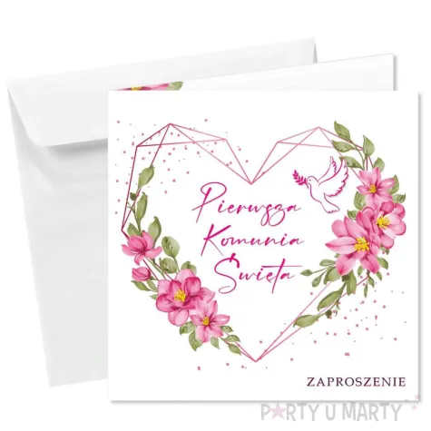 zaproszenie na komunie dla dziewczynki rozowe serce 15x15 cm 1 szt