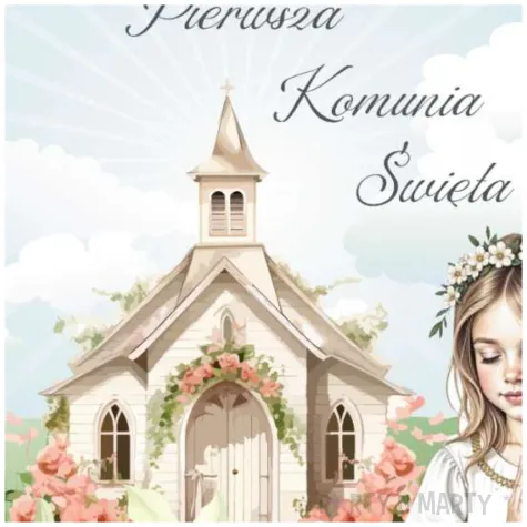 zaproszenie na komunie dziewczynka i kosciol pierwsza komunia swieta rozowy 15x15 cm 1 szt