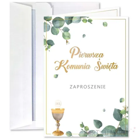 zaproszenie na komunie eukaliptus z hostia pierwsza komunia swieta 10 5x14 8 cm 1 szt