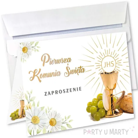 zaproszenie na komunie kielich ihs i margaretki pierwsza komunia swieta 14 8x10 5 cm 1 szt