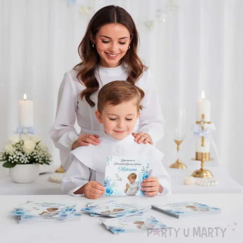 zaproszenie na pierwsza komunie swieta chlopiec w albie personalizowane z imieniem koperta x1