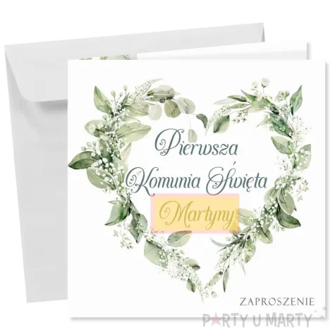 zaproszenie na pierwsza komunie swieta eukaliptusowe serce personalizowane z imieniem koperta x