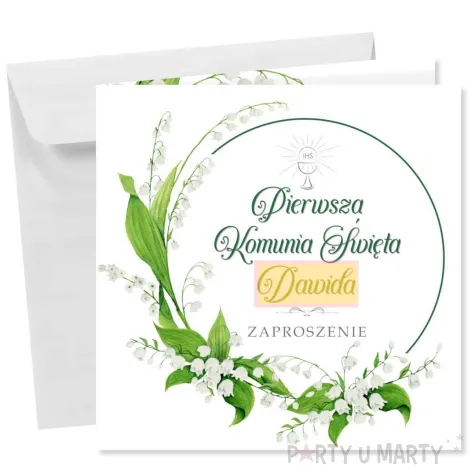zaproszenie na pierwsza komunie swieta konwalie personalizowane z imieniem koperta x1