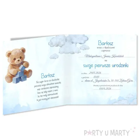 zaproszenie na roczek 1 urodziny chlopca niebieski mis personalizacja z koperta 1 szt